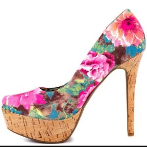 Floral Platform Heels with Cork Detail